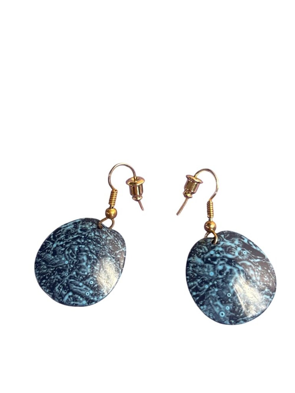 2 Tone Blue Metal Circle Dangle Earrings Goldtone Hooks 1 inch